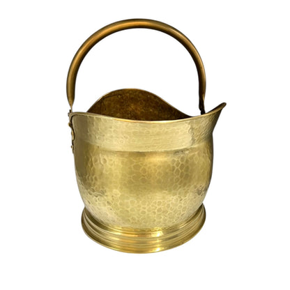 Vintage French brass fireside coal bucket with handle on a white background
