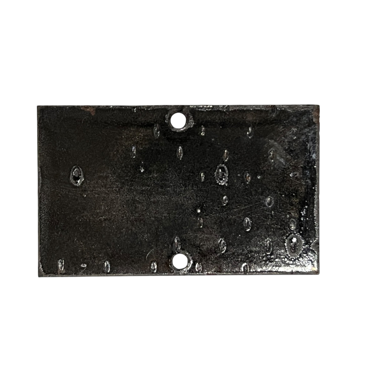 A rectangular black metal plate with a textured, hammered finish and two pre-drilled holes, shown against a plain white background.
