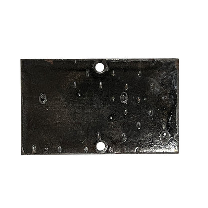 A rectangular black metal plate with a textured, hammered finish and two pre-drilled holes, shown against a plain white background.