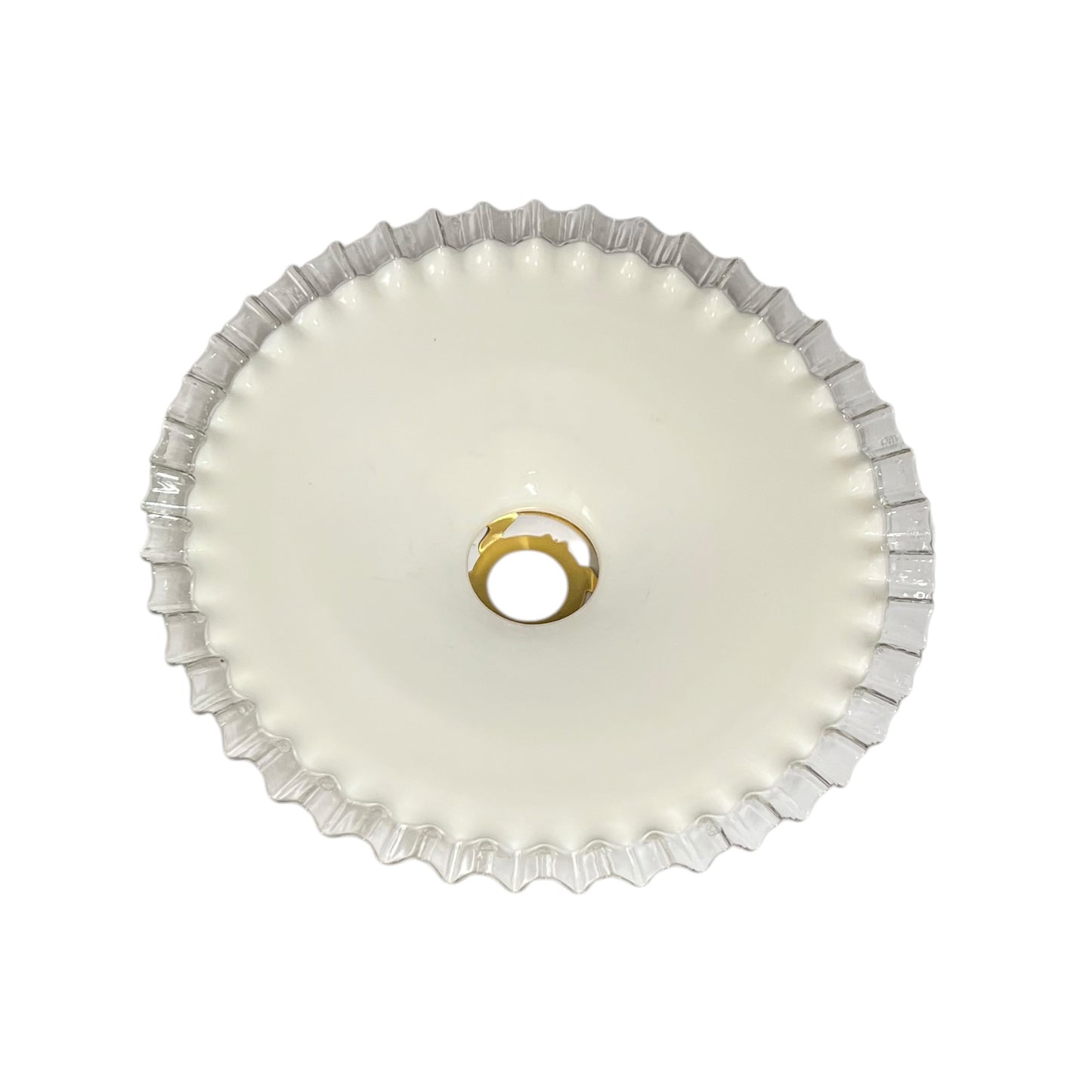 Vintage French Opaline Milk Glass Pendant Pie Crust Lampshade with Brass Collar