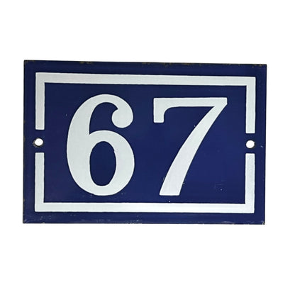 Original French Enamel House Number 67 Sign – Vintage Blue Metal Door Plaque