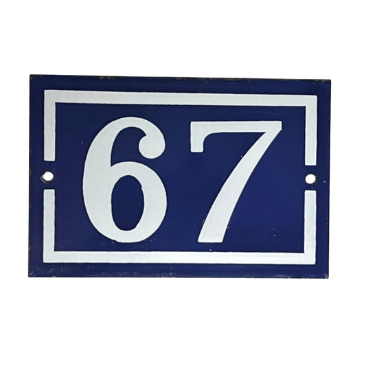 Original French Enamel House Number 67 Sign – Vintage Blue Metal Door Plaque