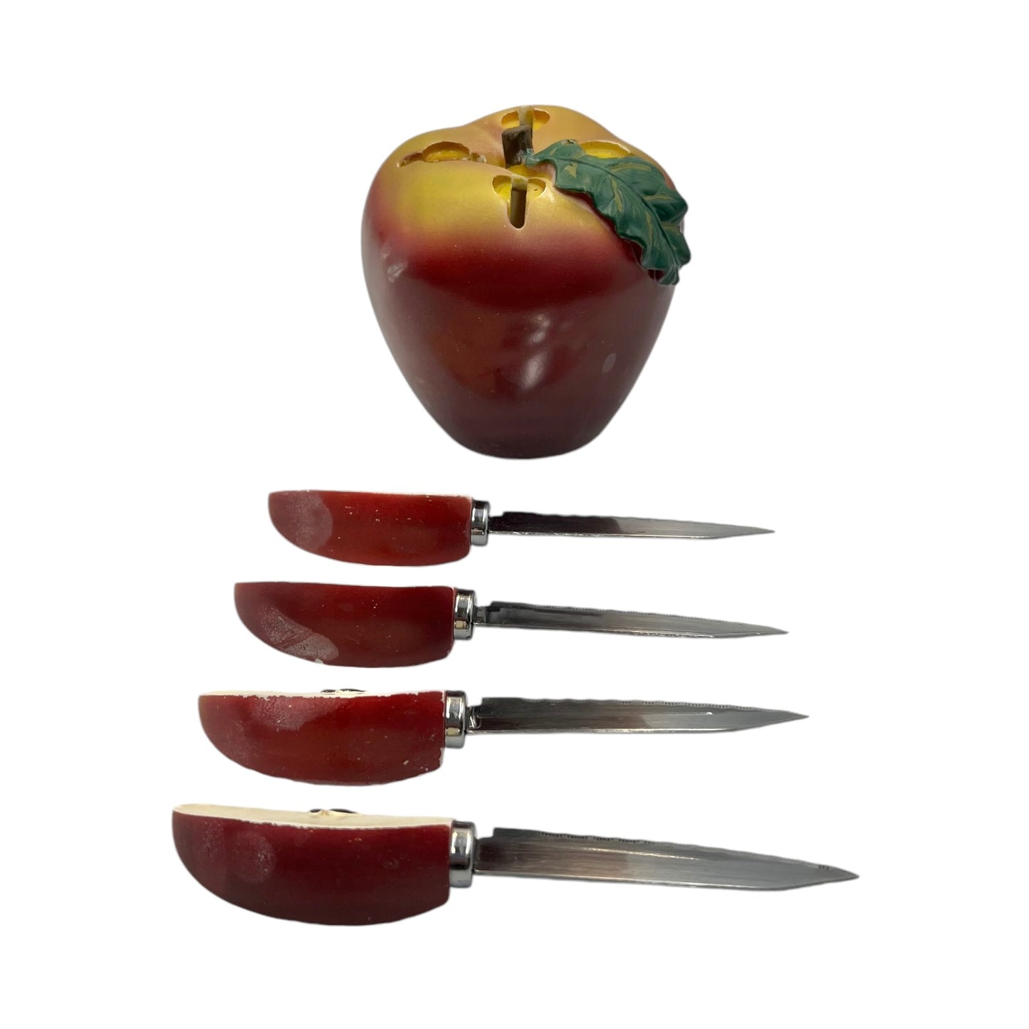 Vintage Kitsch Apple Fruit Knife Holder With 4 Little Paring Knives