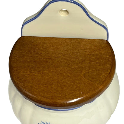 Vintage French Ceramic Wall Mounted Salt Box with Wooden Lid – Blue Floral Design