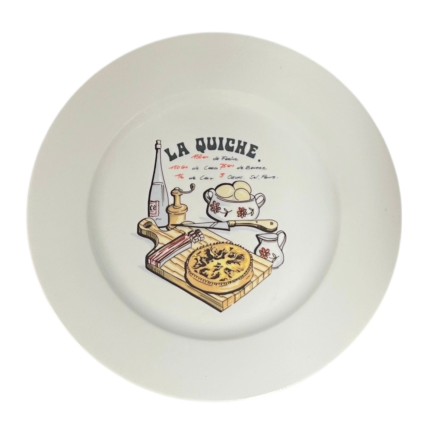 White plate with a decorative design of a pie, cutting board, and text 'La Quiche' on a white background.