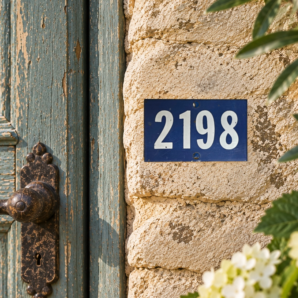 A blue house number plaque reading 2198 mounted on a textured beige stone wall next to a weathered teal wooden door with an ornate rusted metal handle.