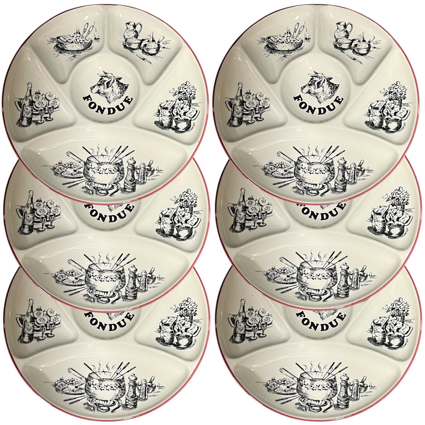 Set of fondue plates with black illustrations and 'Fondue' text on a white background
