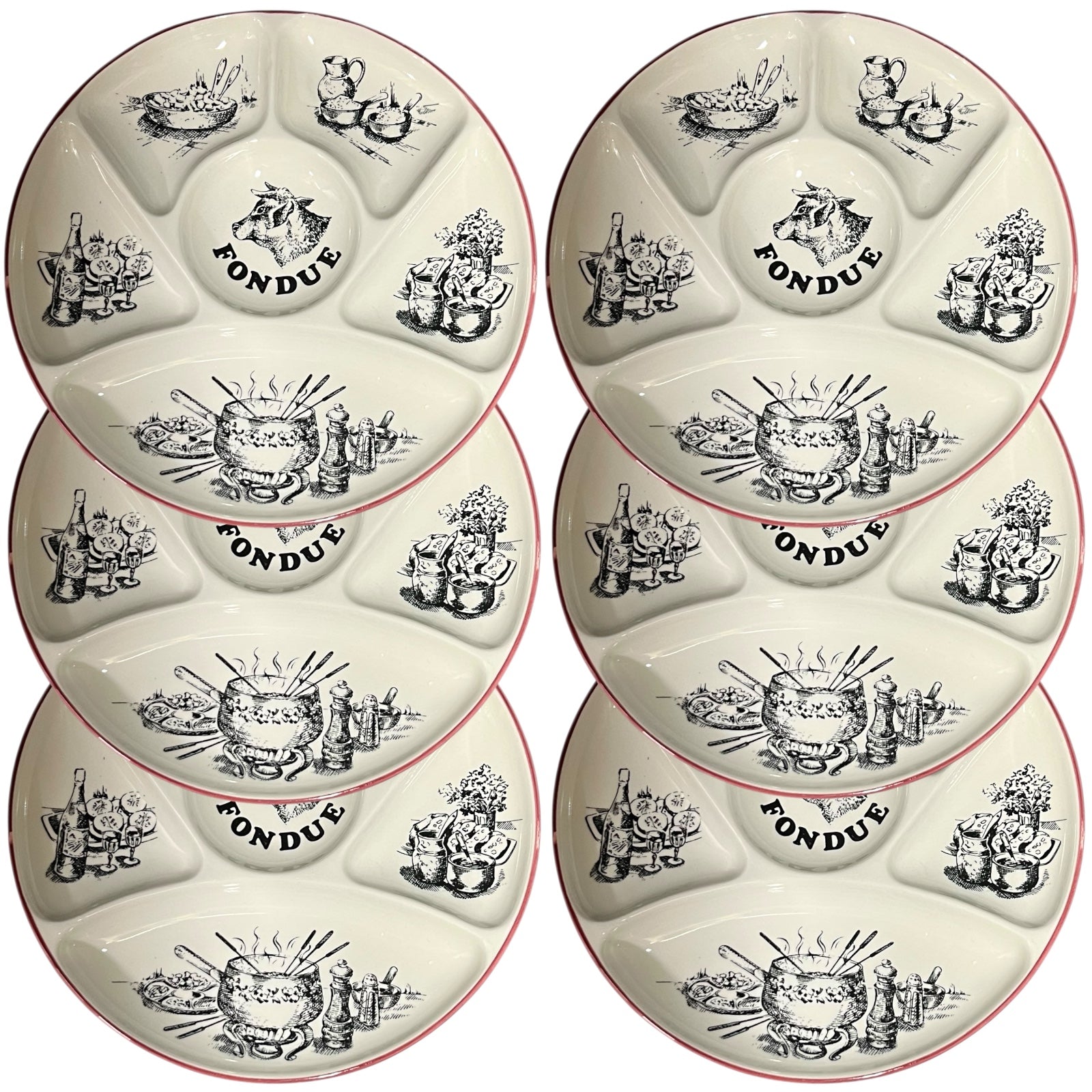 Set of fondue plates with black illustrations and 'Fondue' text on a white background