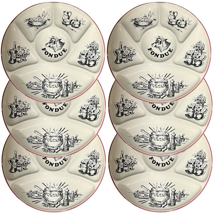 Set of fondue plates with black illustrations and 'Fondue' text on a white background