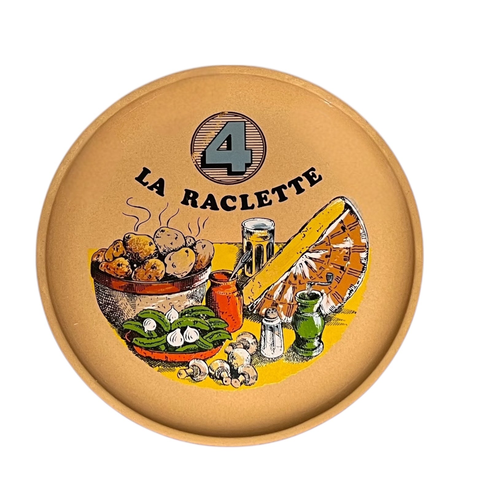 Plate with 'La Raclette' branding, the number 4 and illustrations on a white background