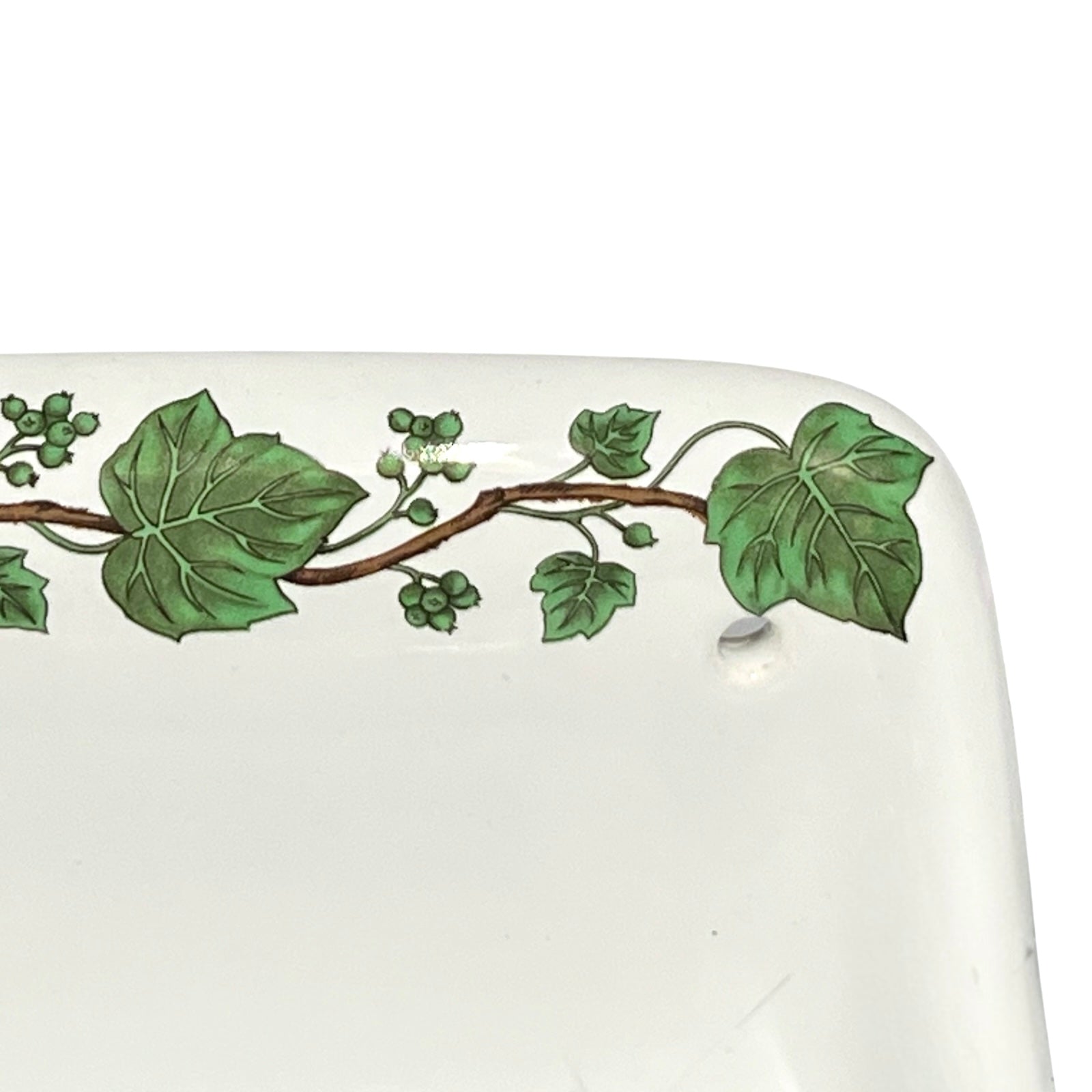 White porcelain double soap dish with green leaf patterns on a white background for sale