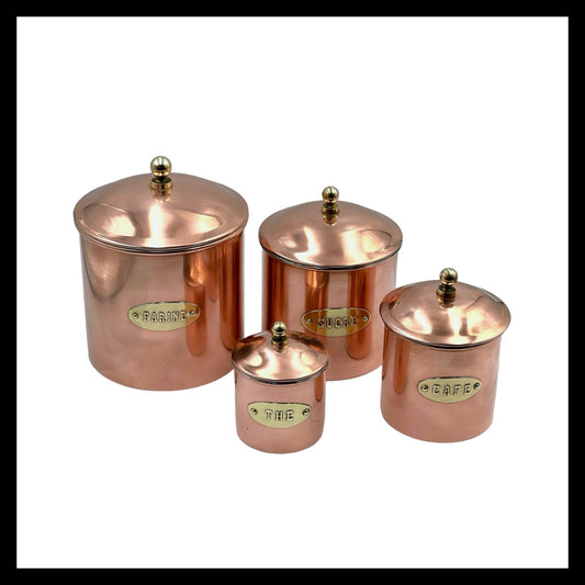 Set of 4 French copper kitchen canisters storage tins for sale from All Things French Store