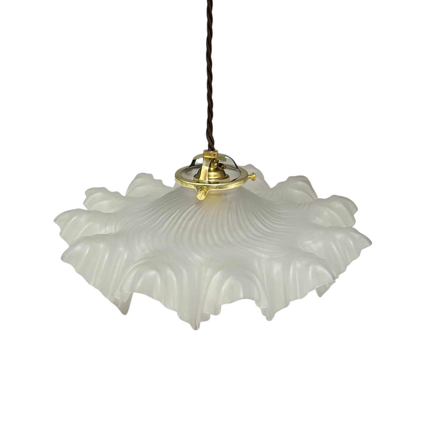 A French vintage Art Deco-style lampshade made of clear frosted glass with a frilled edge, suspended by twisted-style wiring and brass fittings, perfect for adding charm to a period room or retro home, displayed against a white background.