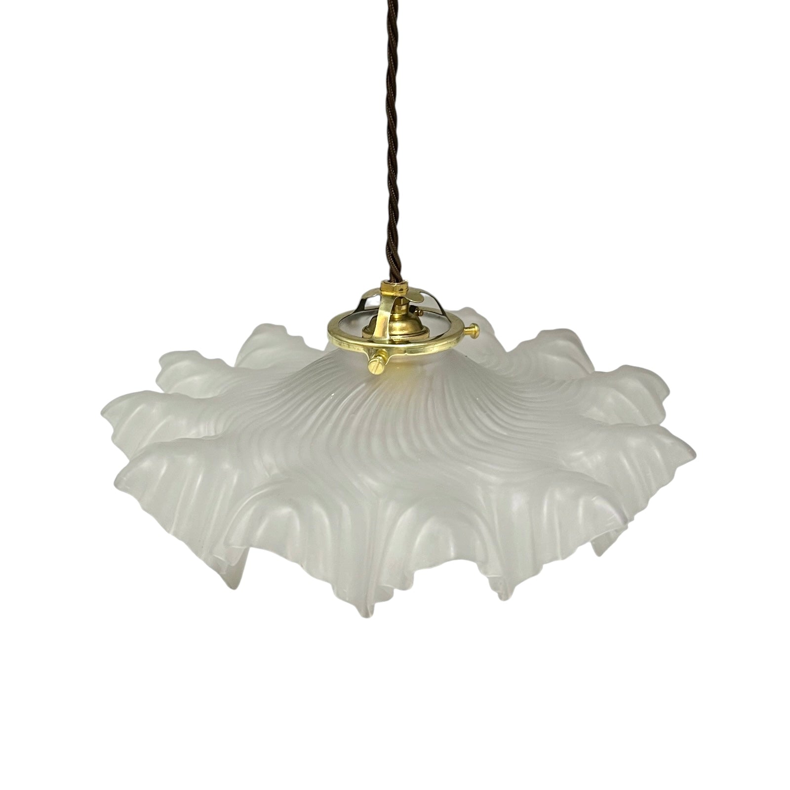 A French vintage Art Deco-style lampshade made of clear frosted glass with a frilled edge, suspended by twisted-style wiring and brass fittings, perfect for adding charm to a period room or retro home, displayed against a white background.