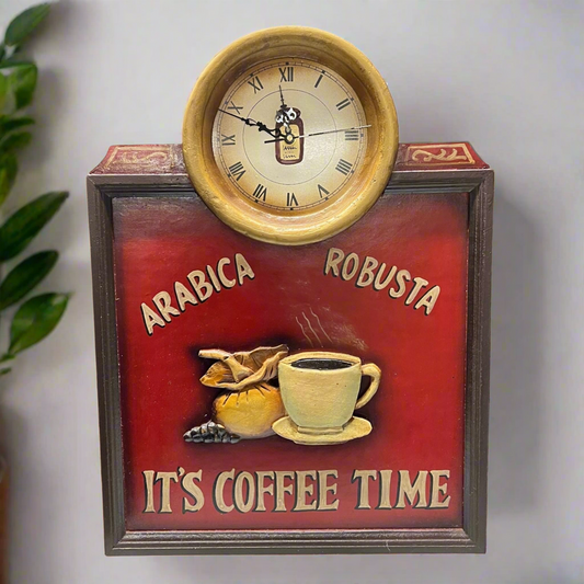 Country corner style wooden 3d picture of a coffee theme with an inset clock on a grey background