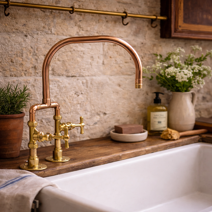 Copper kitchen faucet with a rustic sink and wooden countertop.