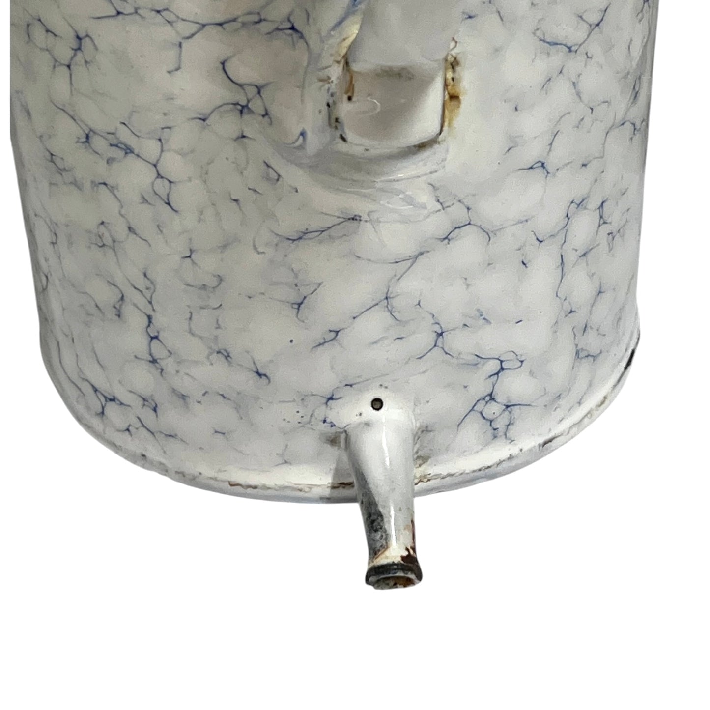Close-up of a white enamel-covered metal container with a blue crackle marbled pattern, featuring a small spout and a handle, isolated on a white background.