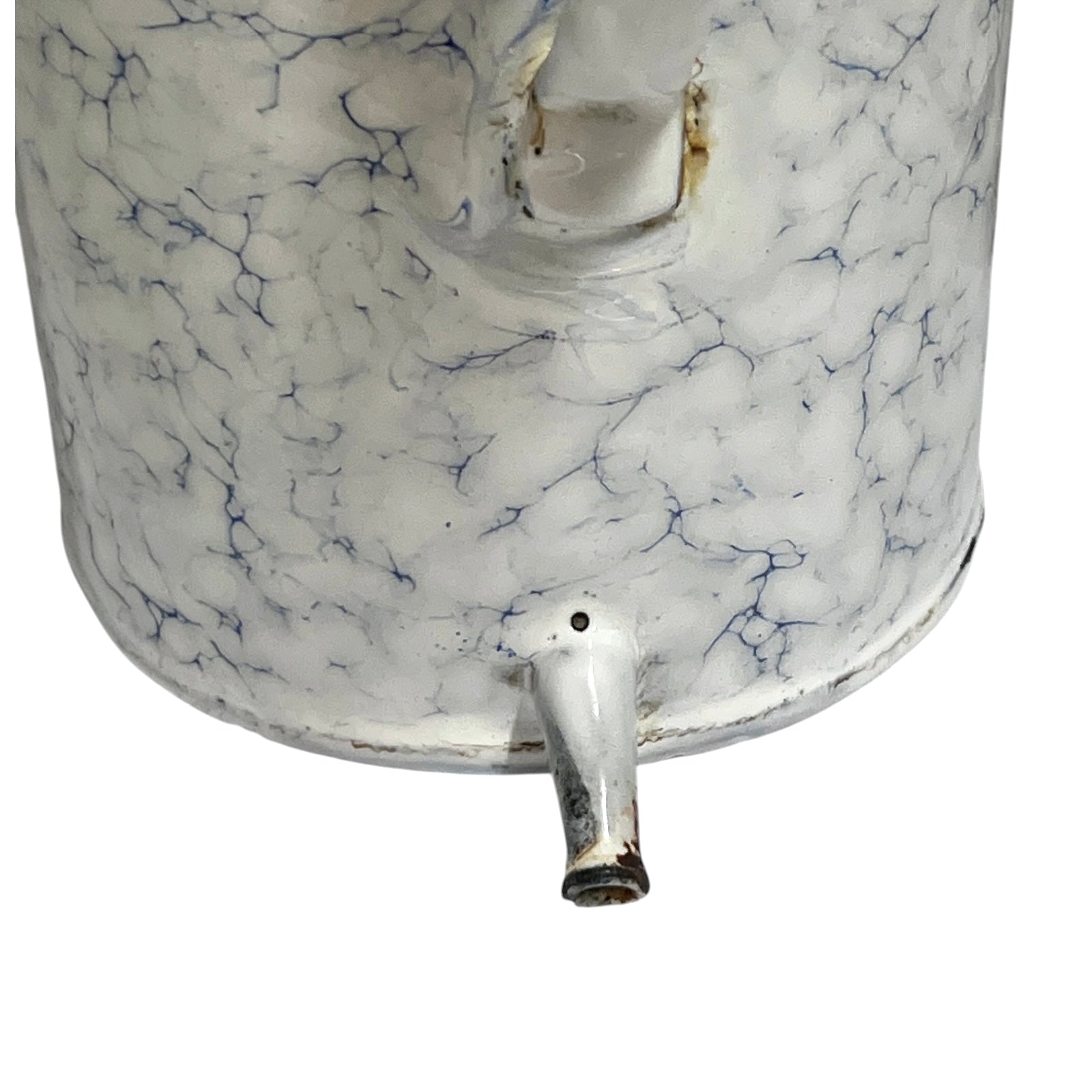 Close-up of a white enamel-covered metal container with a blue crackle marbled pattern, featuring a small spout and a handle, isolated on a white background.