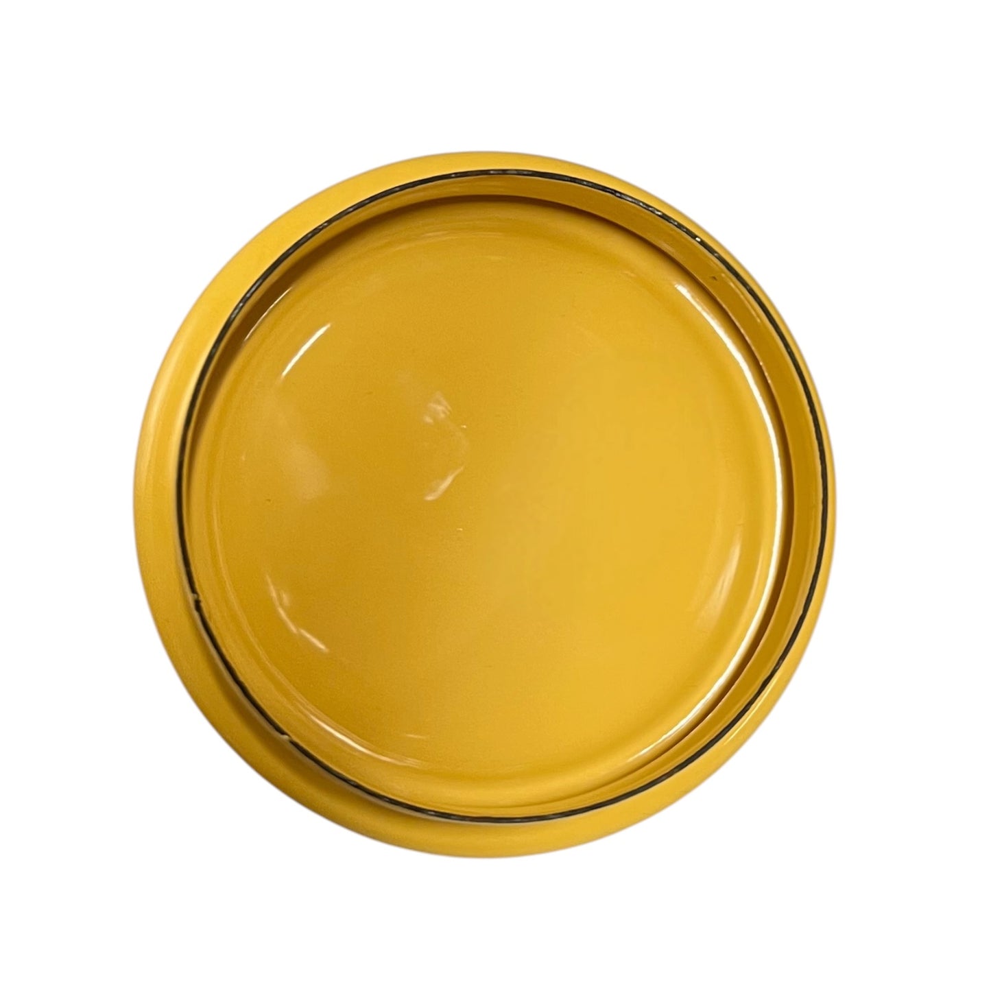 A round yellow enamel lid or cover with a glossy finish, photographed from directly above on a solid white background.