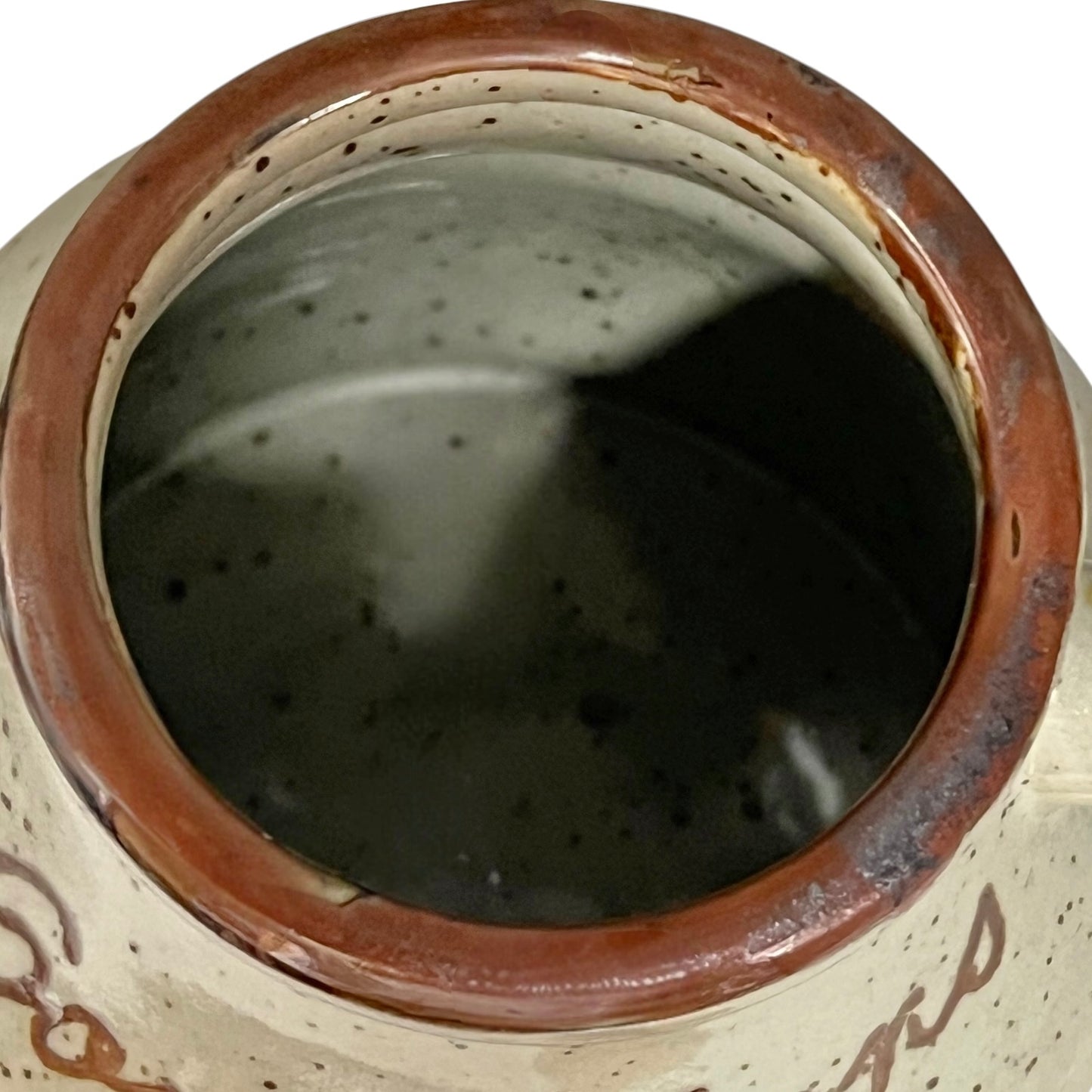 Close-up of a ceramic jar with a brown rim and speckled interior.