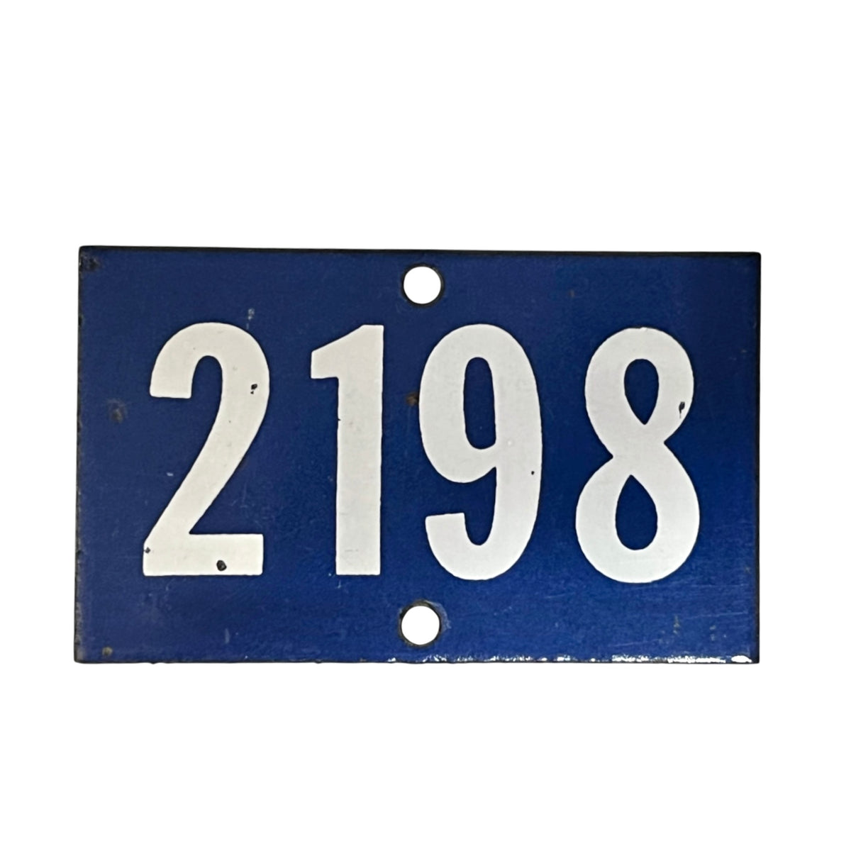 A rectangular blue metal house number plaque with the white numbers '2198' and two mounting holes, shown against a plain white background.