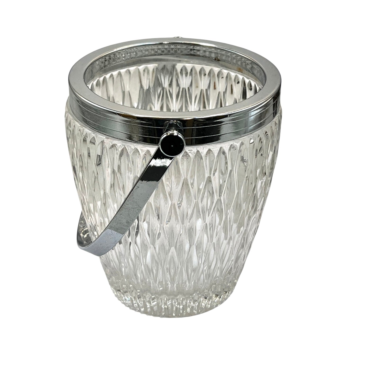 French vintage glass ice bucket with a silver coloured collar and a handle on a white background 