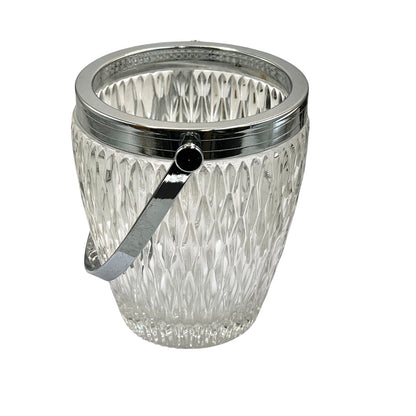 French vintage glass ice bucket with a silver coloured collar and a handle on a white background 
