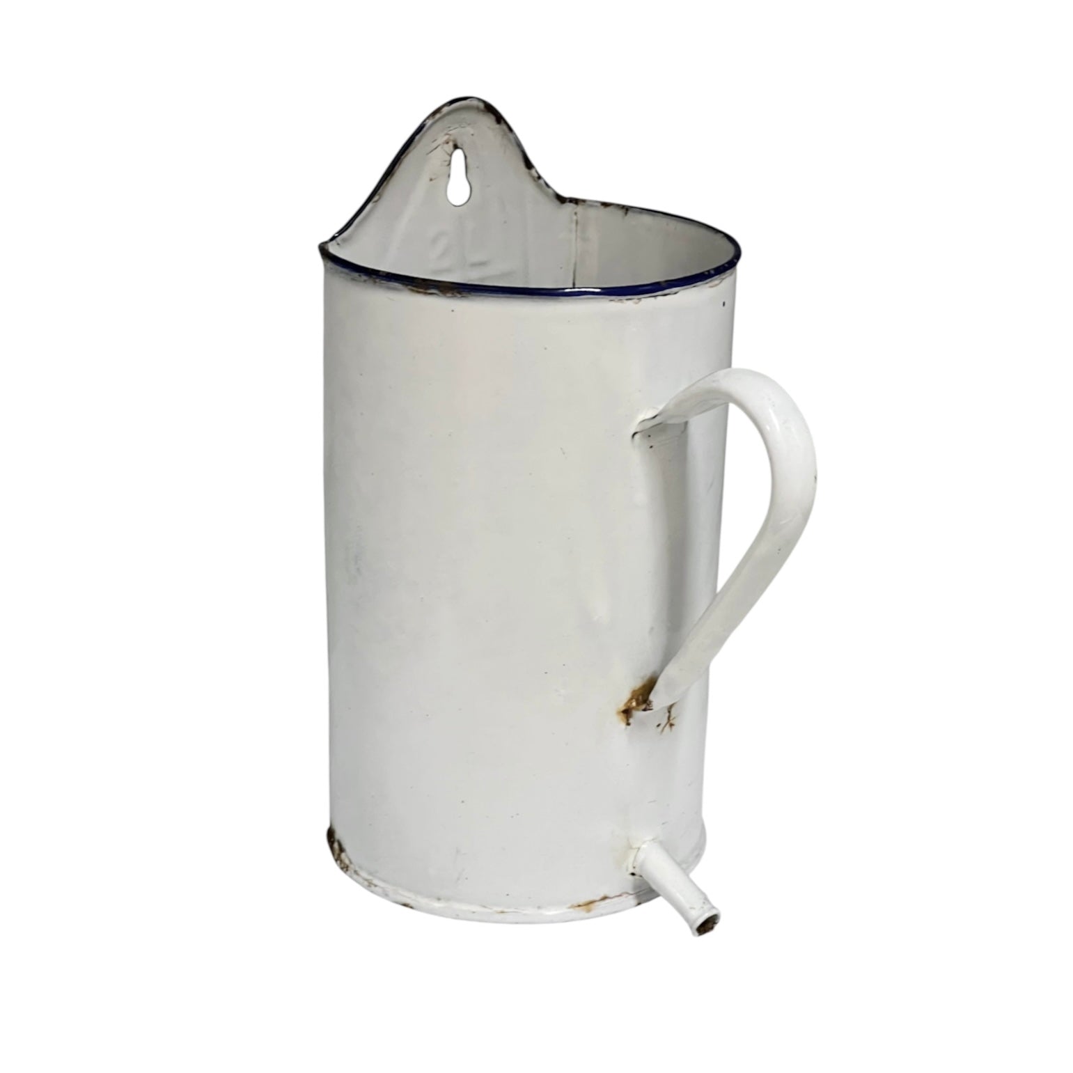 A vintage white enamel pitcher planter jug with a blue rim, featuring a handle, pouring spout, and top carrying loop, shown against a plain white background.