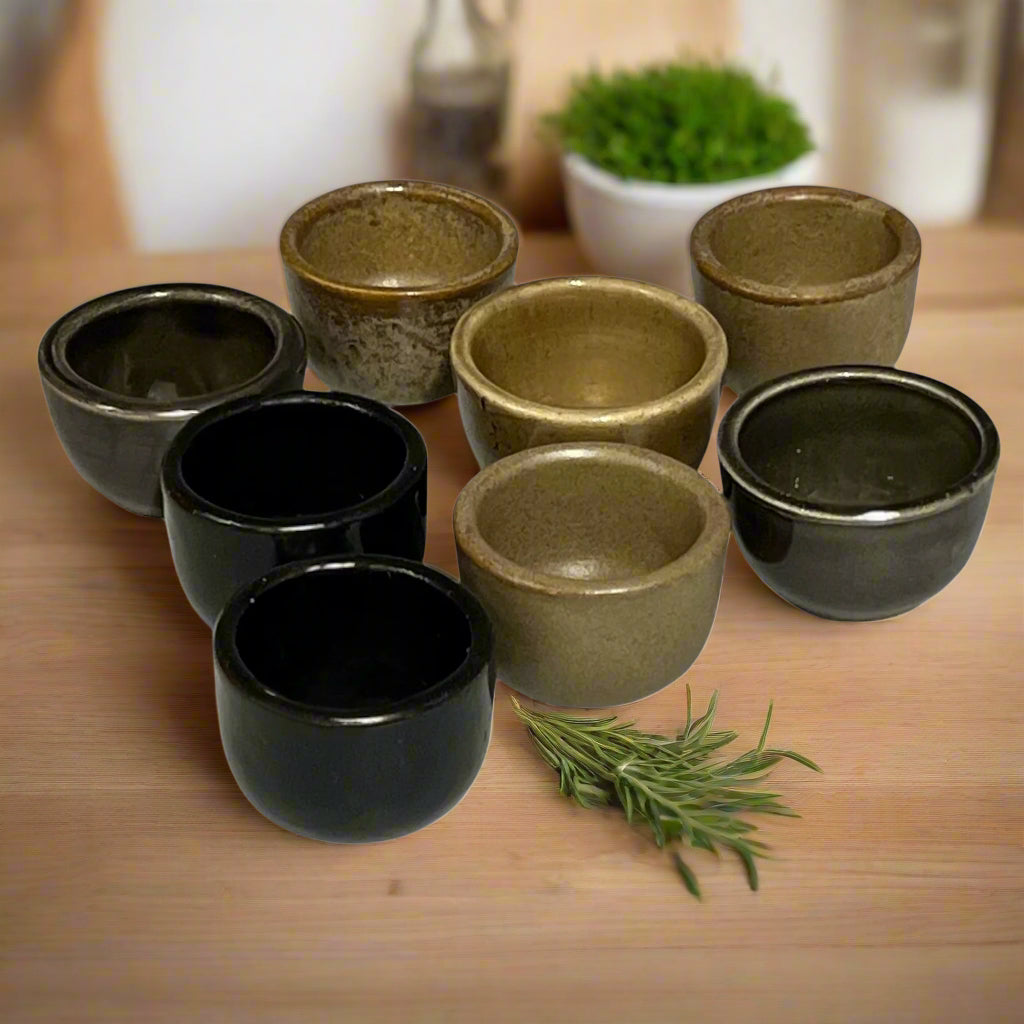 8 French Escargot Cups, Vintage French Ceramic Snail Serving Pots in various shades of brown for sale from All Things French Store