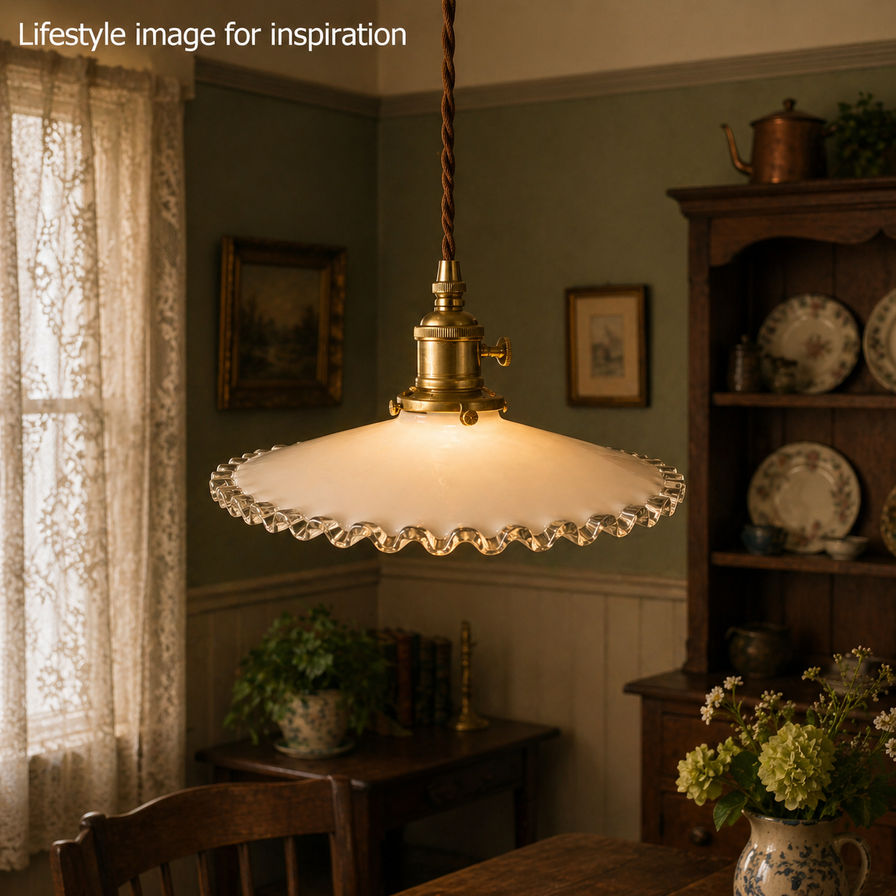 Vintage-style pendant light in a cozy room with wooden furniture and decor.
