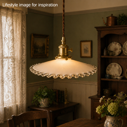 Vintage-style pendant light in a cozy room with wooden furniture and decor.