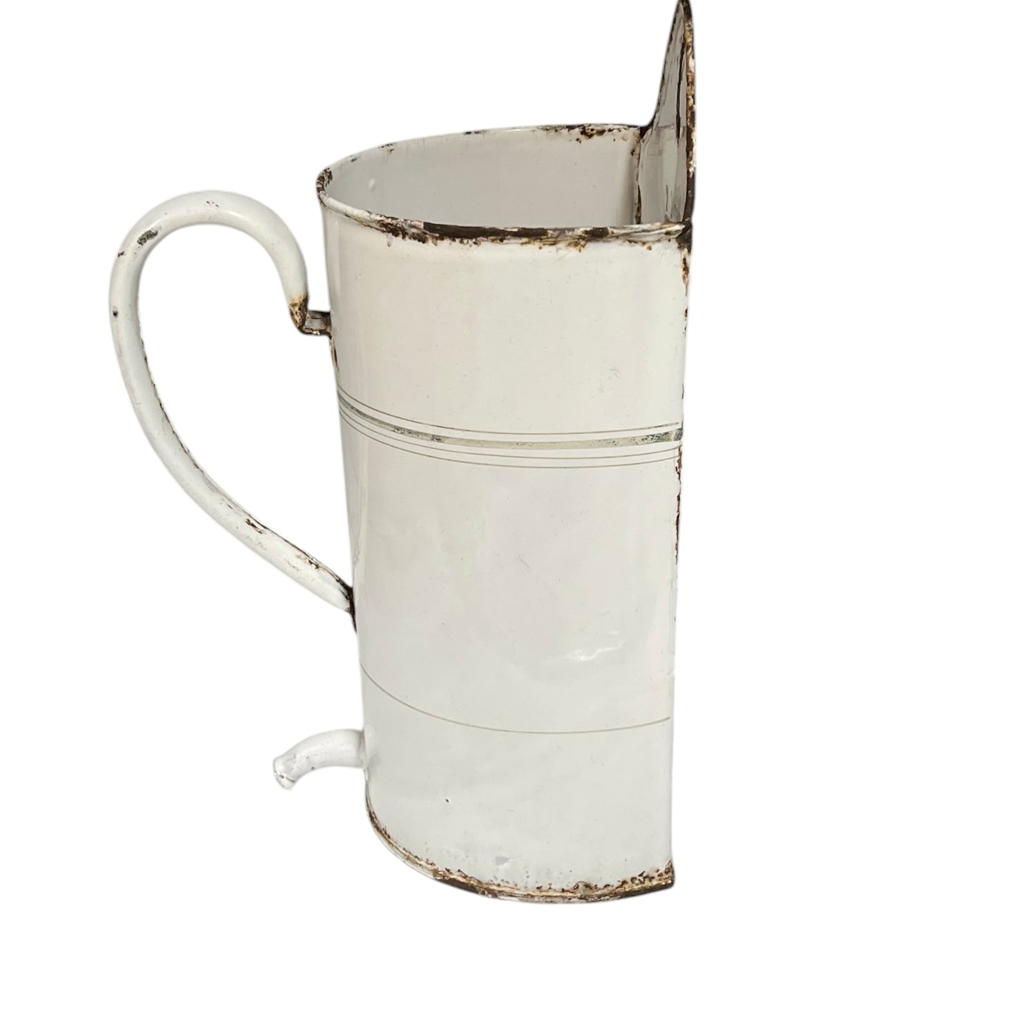 A distressed white enamel metal planter with a rustic, weathered finish showing brown rust-like detailing along the rim, base, and spout, set against a plain white background.
