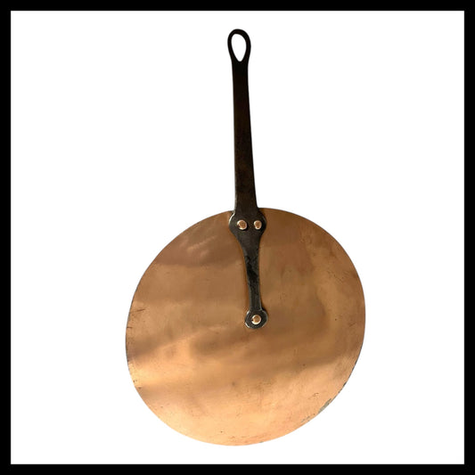 French Antique Flat Copper Pan Lid fits up to 29cm Pans with New Tin Lining and a cast iron handle with copper rivets