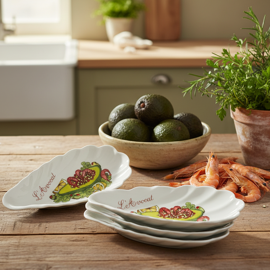 Decorative plates with avocado design on a kitchen counter with avocados and shrimp.
