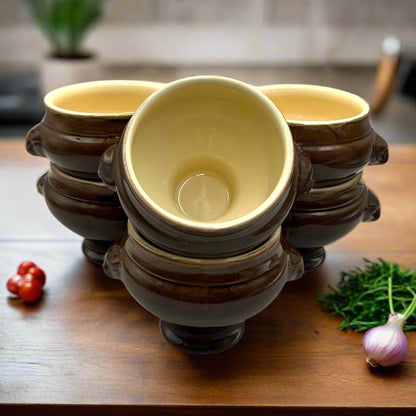 set of 6 dark brown and cream French onion soup bowls with lion head handles 