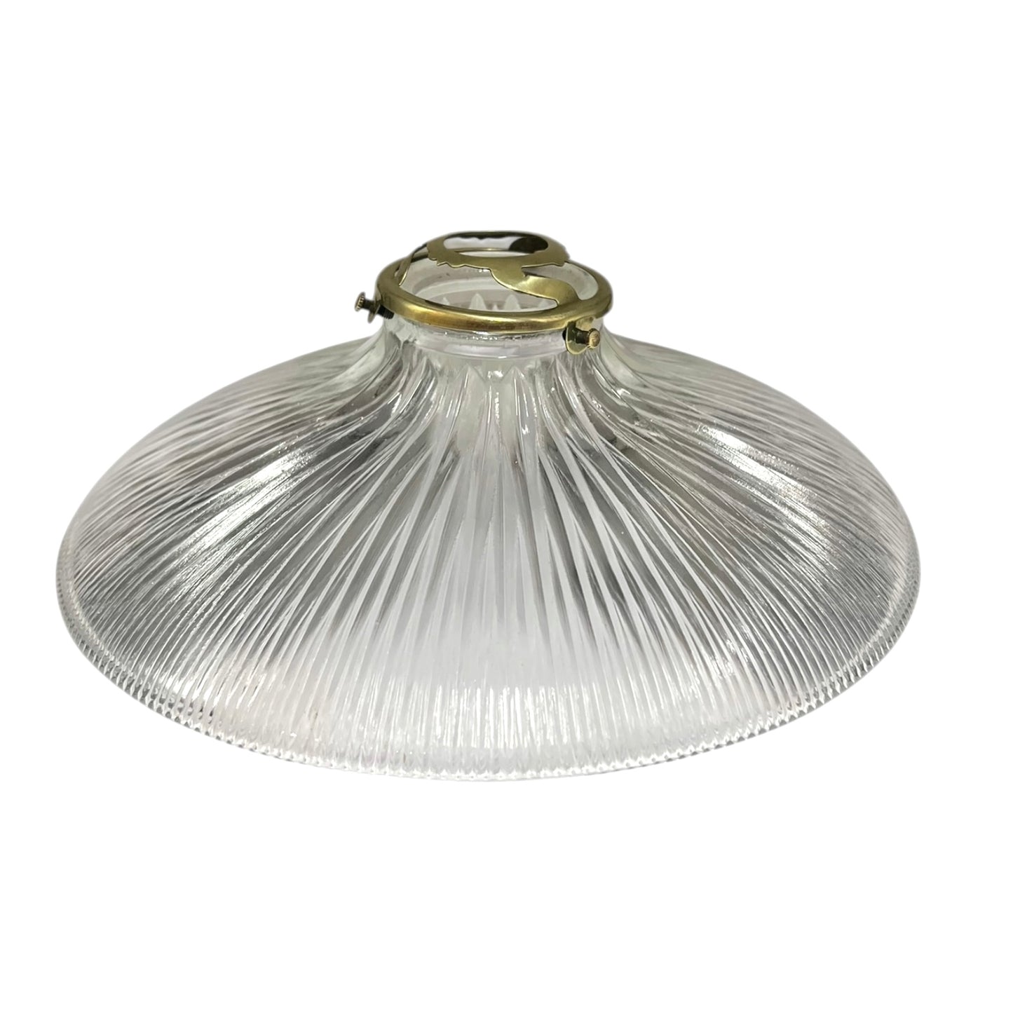 Clear glass pendant light with brass fitting on a white background