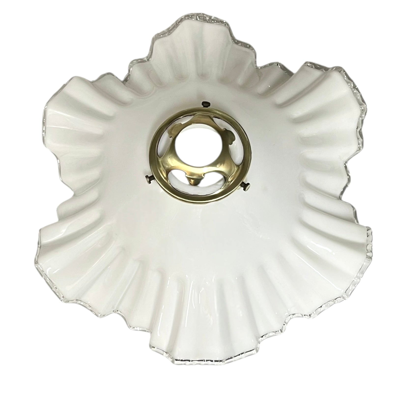 White glass lamp shade with brass fitting on a white background
