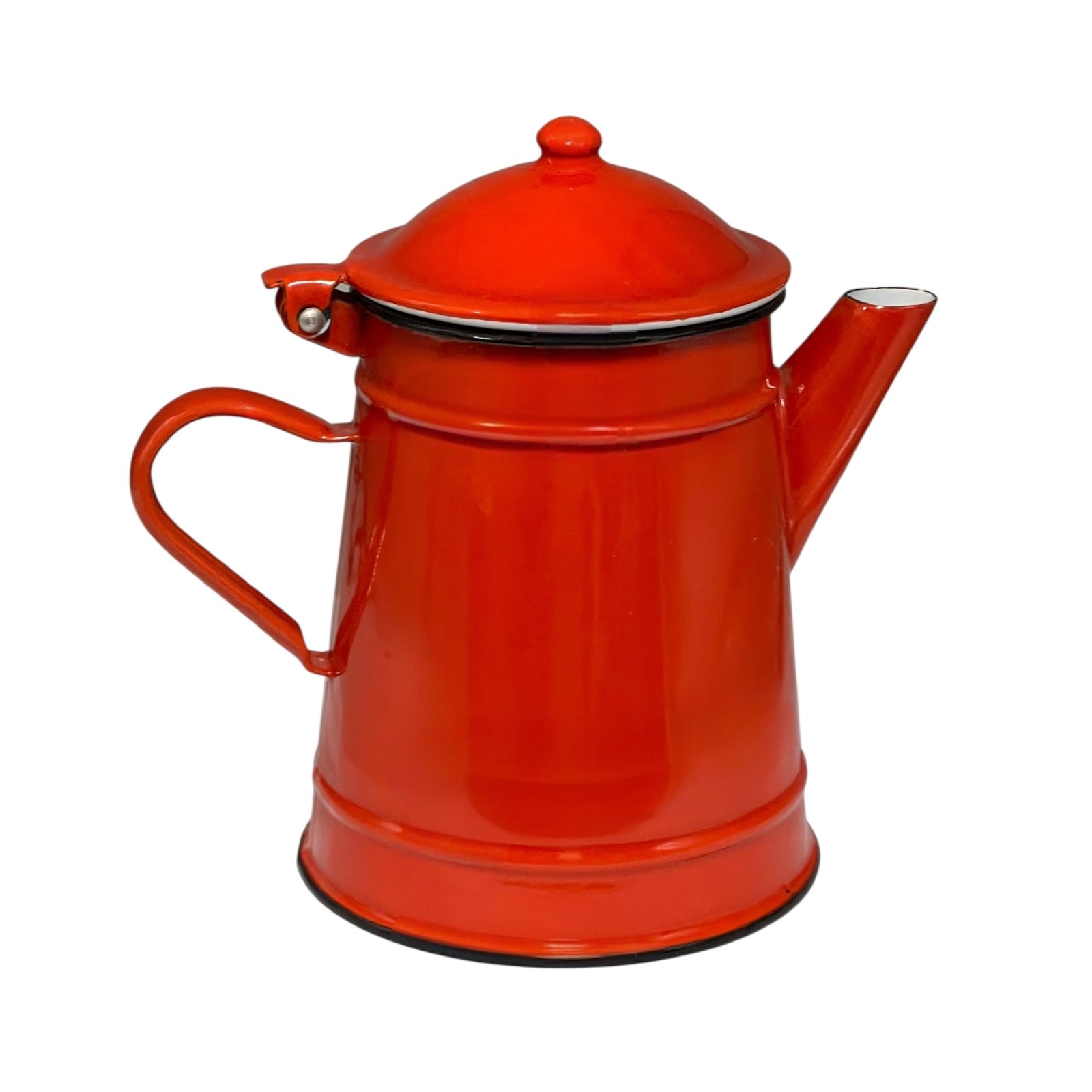 Red vintage enamel teapot on a white background