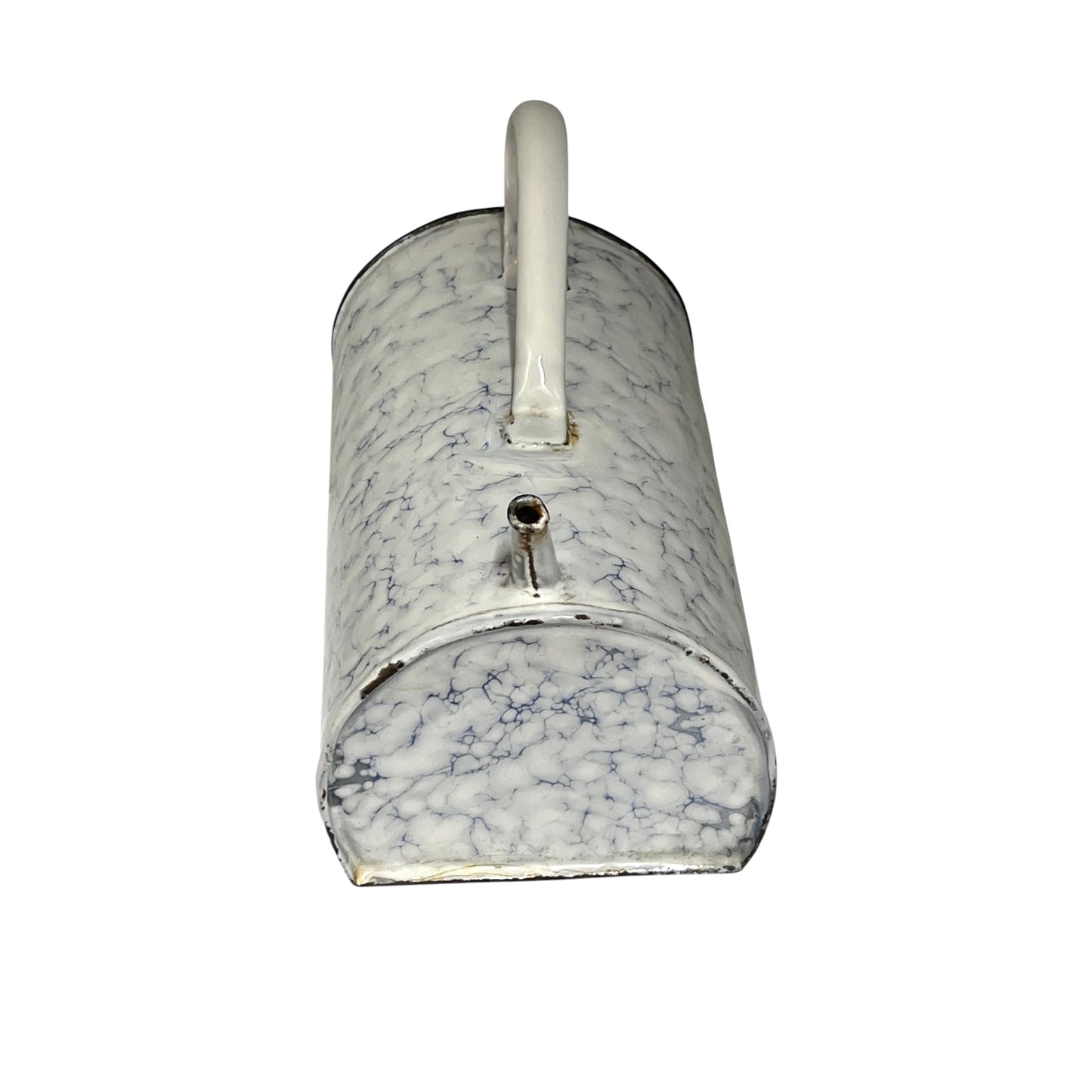 A vintage-style metal irrigator with a white and blue marbled enamel finish, featuring a white plastic handle and a small metal spout, shown against a plain white background.