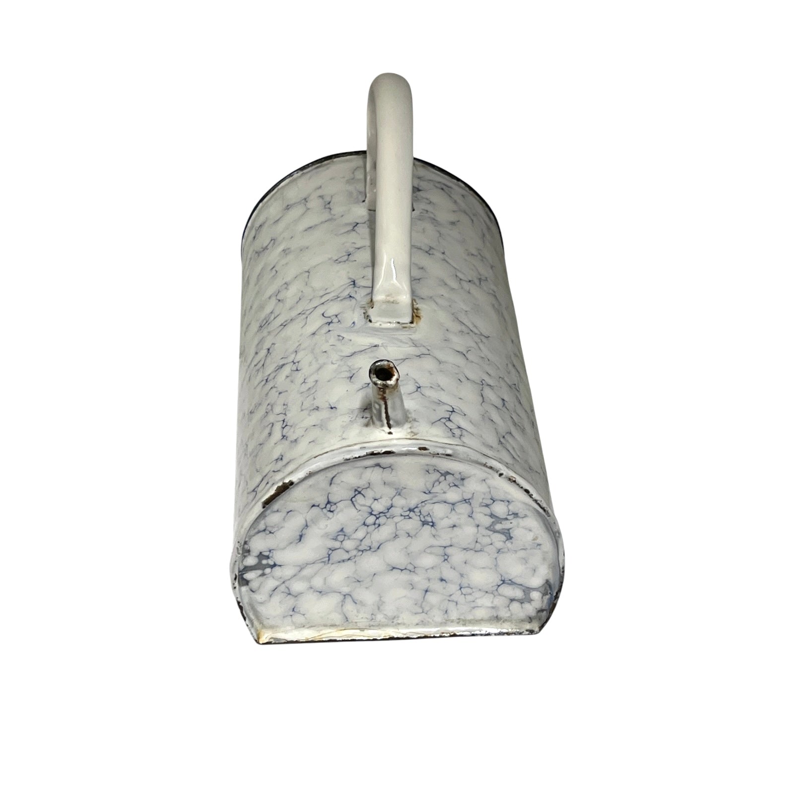 A vintage-style metal irrigator with a white and blue marbled enamel finish, featuring a white plastic handle and a small metal spout, shown against a plain white background.