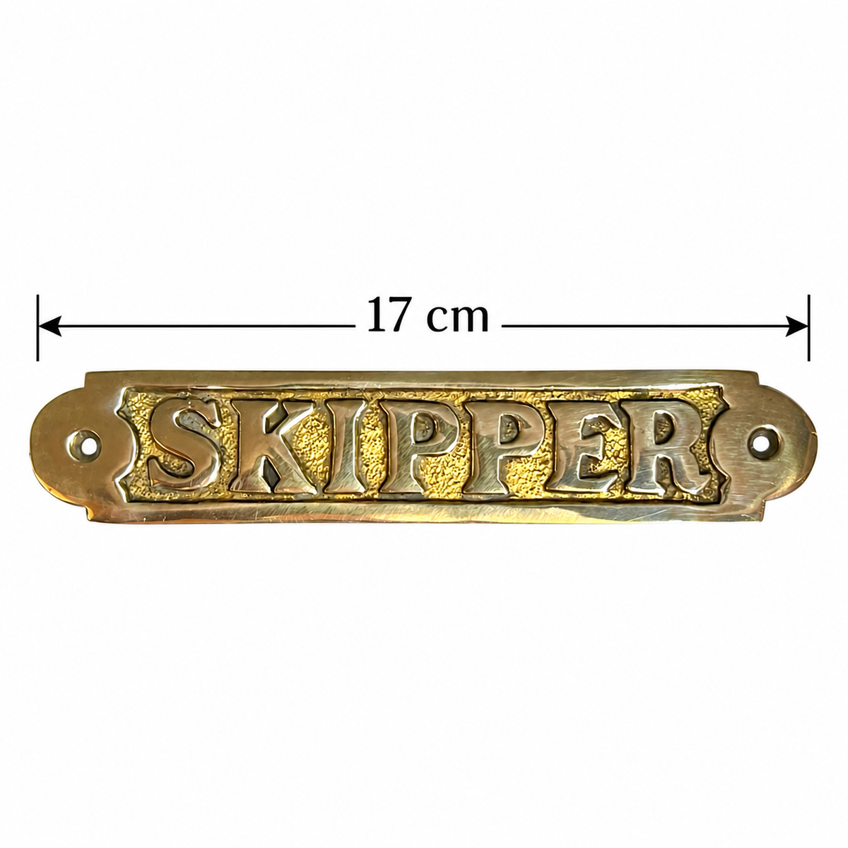 A brass Skipper door plaque with a black measure and text showing a size of 17cm displayed on a white background