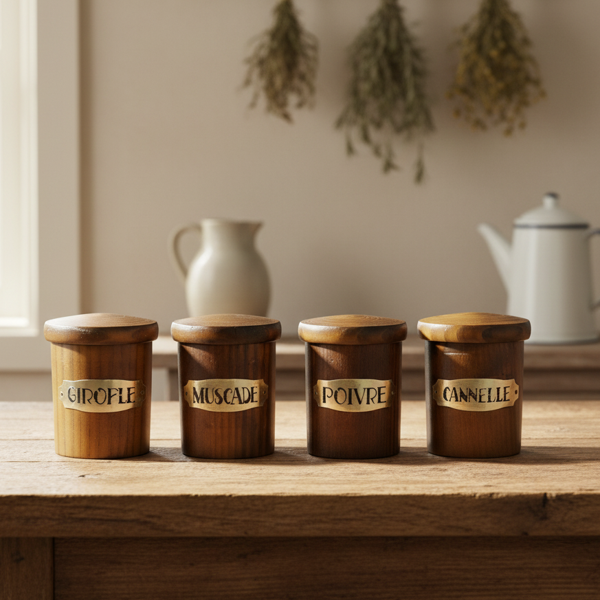 Four wooden spice jars with labels on a wooden table, with a kitchen setting in the background.