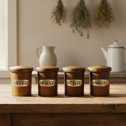 Four wooden spice jars with labels on a wooden table, with a kitchen setting in the background.