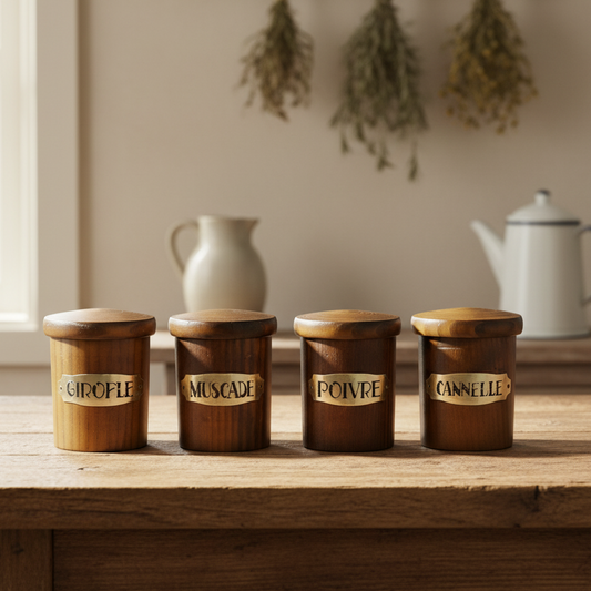 Four wooden spice jars with labels on a wooden table, with a kitchen setting in the background.