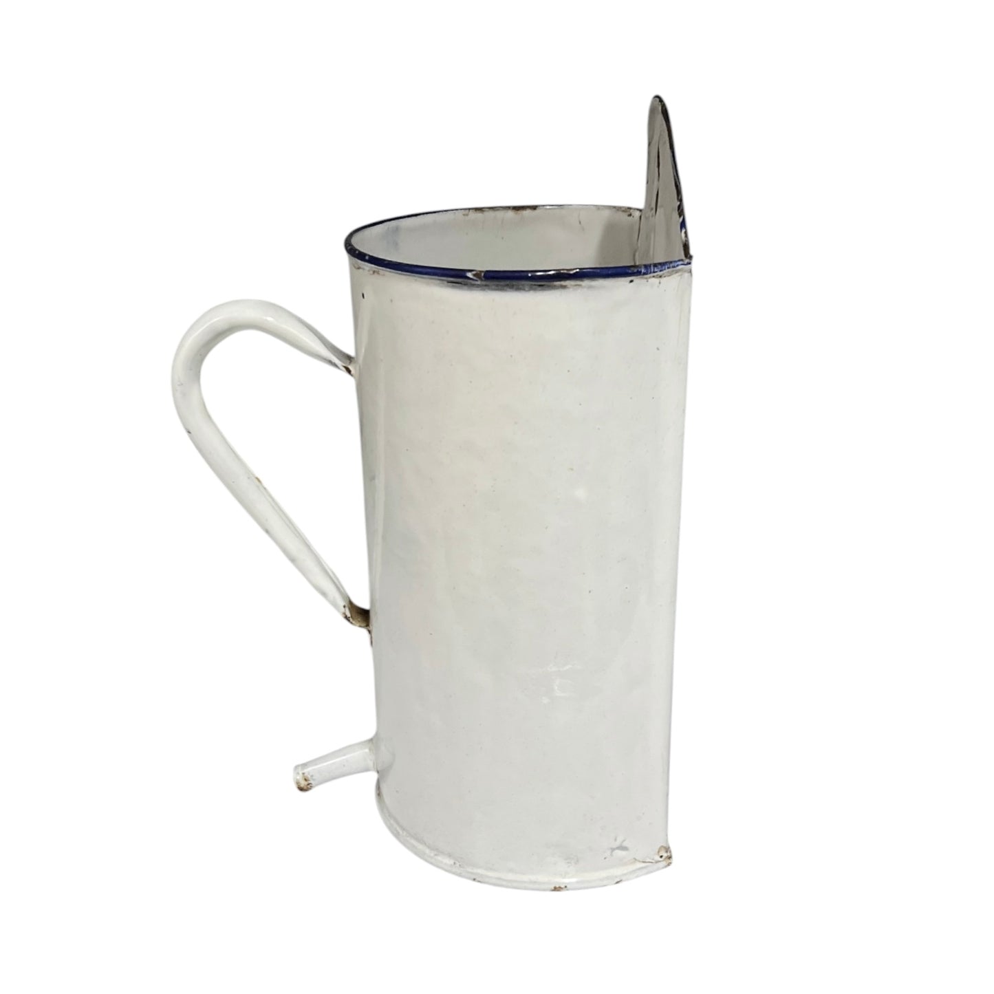 A vintage white enamel pot with a blue rim, a curved handle, and a small spout, shown against a plain white background.
