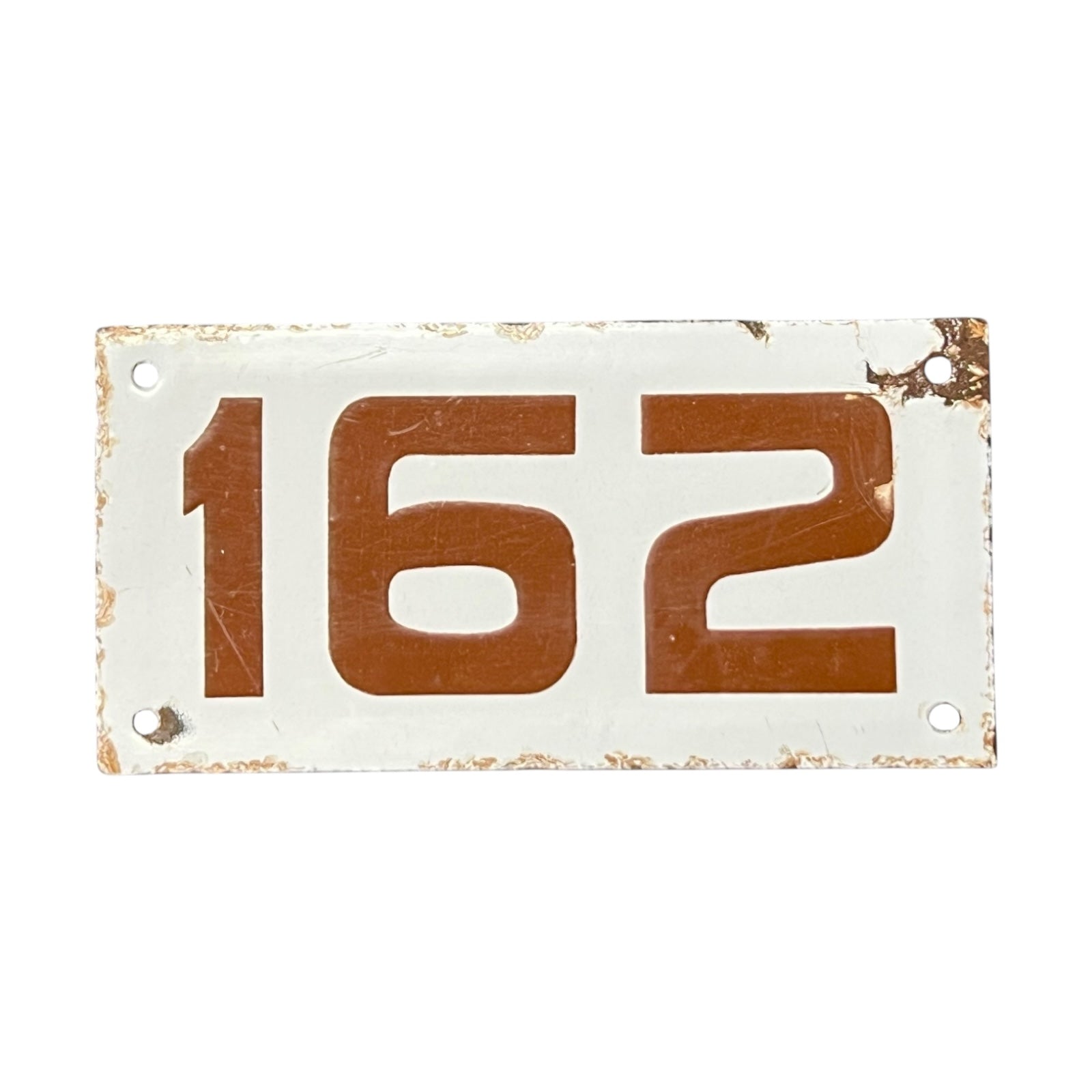 Vintage-style metal sign with the number '162' on a white background