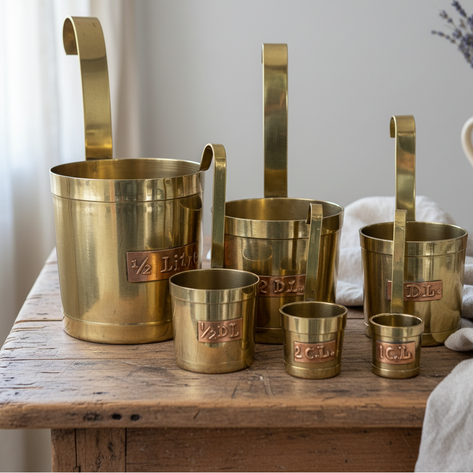 Set of brass measuring cups on a wooden surface with a neutral background
