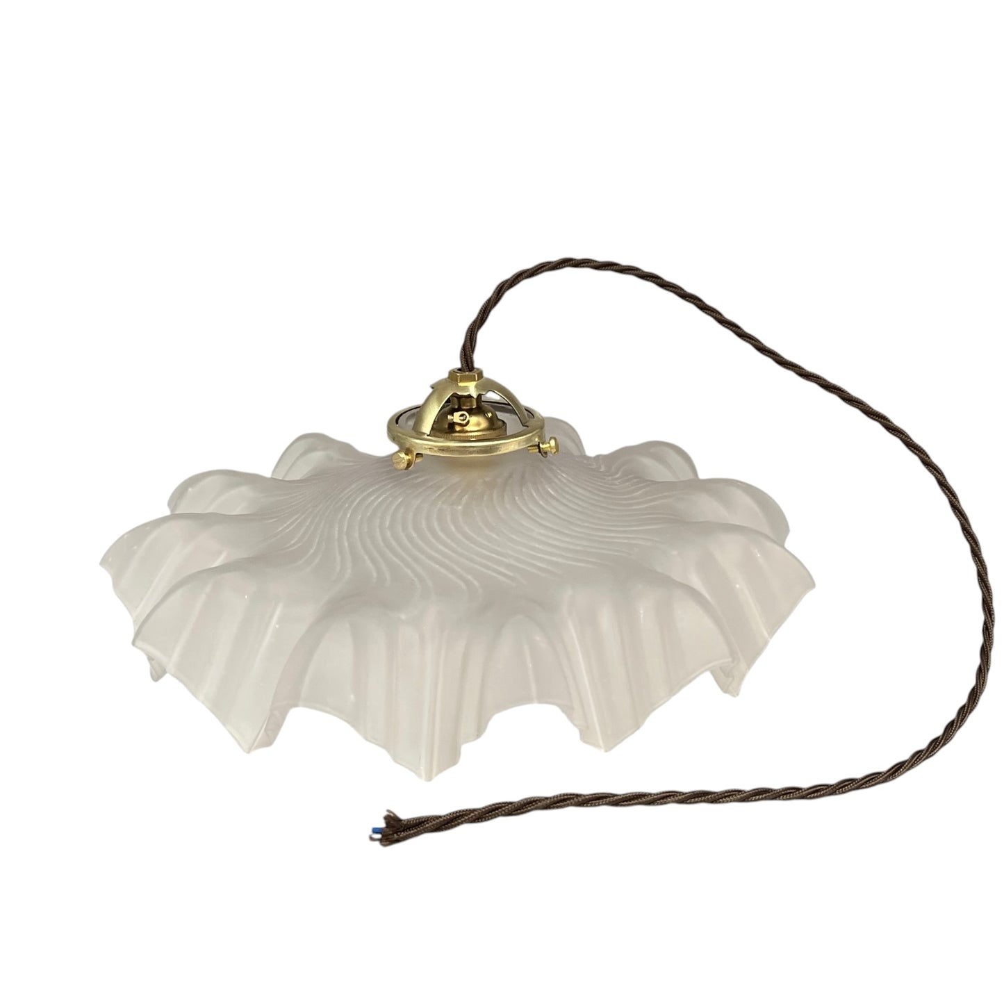 A French vintage frosted clear glass lampshade with a charming frilled edge, featuring a brass collar, bulb holder, and vintage-style twisted wiring. Perfect for adding a touch of period elegance to any vintage-inspired home decor, set against a crisp white background.