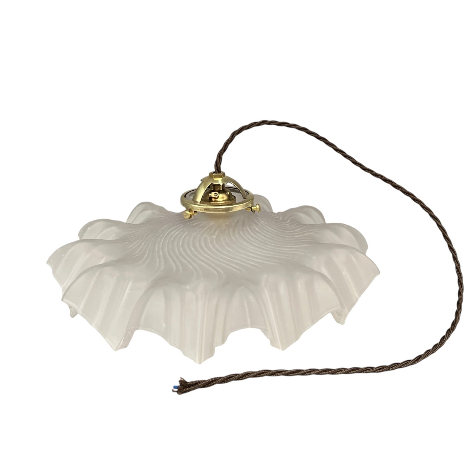 A French vintage frosted clear glass lampshade with a charming frilled edge, featuring a brass collar, bulb holder, and vintage-style twisted wiring. Perfect for adding a touch of period elegance to any vintage-inspired home decor, set against a crisp white background.