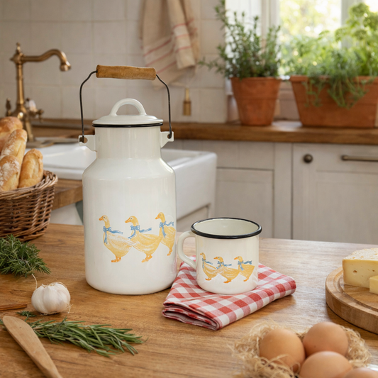 White enamel milk churn and mug with duck design on a farmhouse kitchen table 